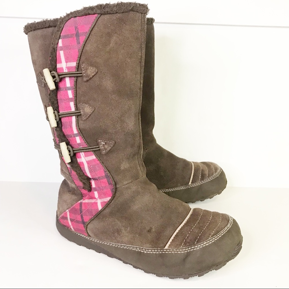 SOREL Suka 2 Brown Suede Pink Plaid Toggle Winter Boots Fleece Lined Womens 6